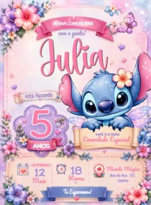 Convite de Aniversário Stitch Fada Floral para Editar