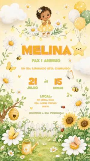 Convite Infantil Jardim das Flores e Abelhas para Editar