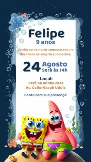 Convite Aniversário Bob Esponja com Patrick para Editar Online