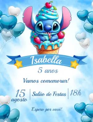 Convite de Aniversário Stitch Sorvete para Editar Online