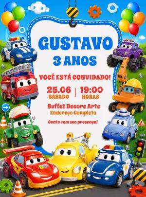 Convite de Aniversário Festa dos Carrinhos Coloridos para Editar