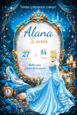 Convite de Aniversário Cinderela Azul e Dourado para Editar