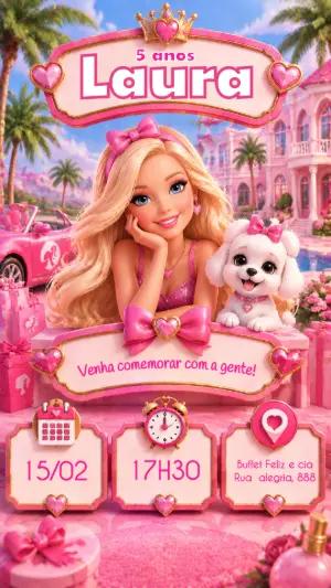 Convite de Aniversário Barbie Rosa Editável para Festa Infantil