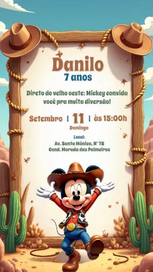 Convite Aniversário Mickey Cowboy para Editar Online