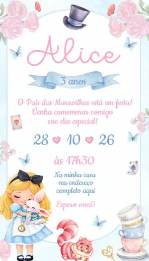 Convite Alice no País das Maravilhas Aquarela Editável