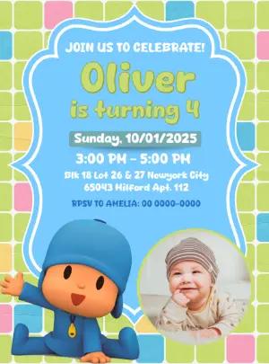 Pocoyo Birthday Invitation | Colorful Editable Template with photo