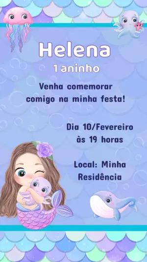 Convite de Aniversário Sereia Fofa Fundo do Mar para Editar