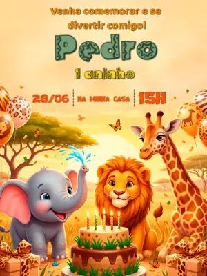 Convite de Aniversário Safari Baby Fofo para Editar