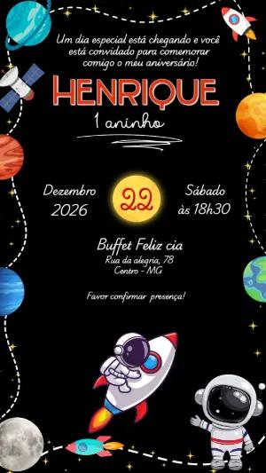 Convite de Aniversário Astronauta no Espaço Editável