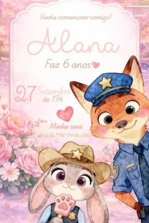 Convite de Aniversário Zootopia Rosa Delicado para Editar