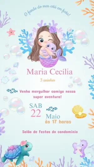 Convite Aniversário Sereia Fundo do Mar para Editar Online