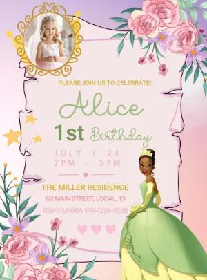 Editable Princess Tiana Birthday Invitation Template with photo