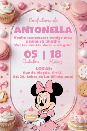 Convite Aniversário Minnie Confeitaria Rosa Modelo Editável