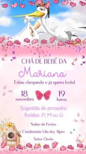 Convite Animado Chá de Bebê Cegonha e Borboletas para Editar