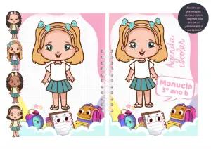 Capa de Agenda Escolar Menina com Personagens para Editar Online