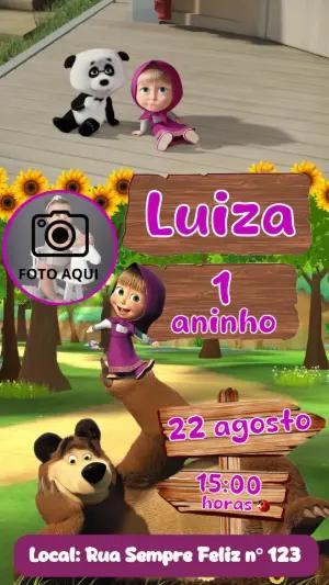 Convite Animado Masha e o Urso com Foto para Editar