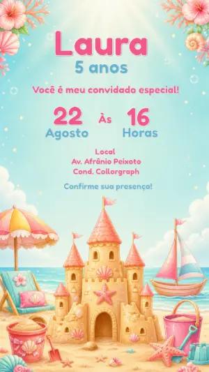 Convite Editável Aniversário Menina Tema Castelo de Areia