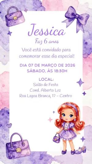 Convite de Aniversário Infantil Menina Boneca Lilás Editável
