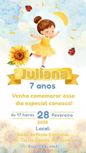 Convite Digital Infantil Fada e Girassóis para Editar