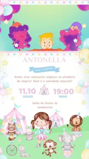 Convite Animado Aniversário Circo Rosa para Editar Online
