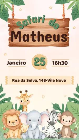 Convite de Aniversário Safari com Animais Fofos para Editar