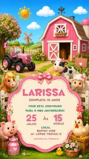 Convite de Aniversário Fazendinha Rosa Infantil para Editar