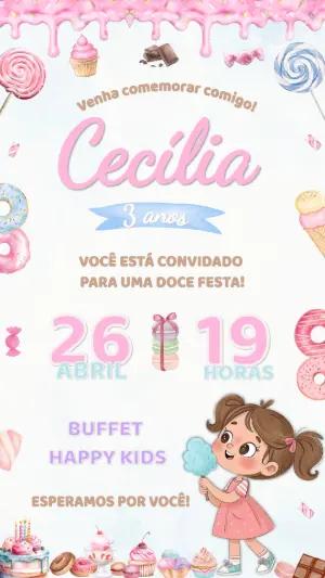 Convite de Aniversário Mundo Doce Editável com Guloseimas
