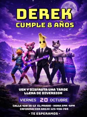 Invitación de Cumpleaños Fortnite Editable con Personajes