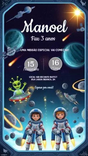 Convite Aniversário Astronauta no Espaço para Editar Online
