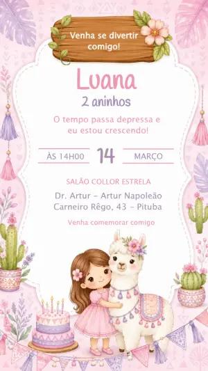 Convite de Aniversário Lhama Rosa Fofo para Editar