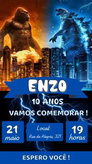 Convite Aniversário Godzilla e Kong para Editar Online
