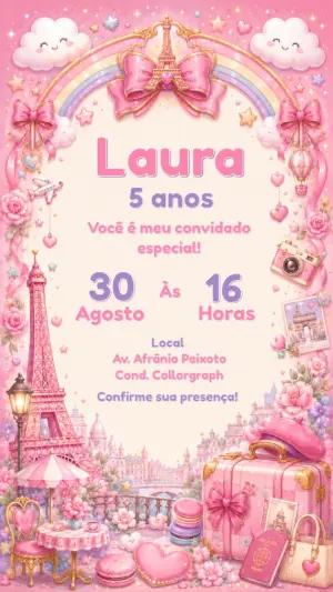 Convite de Aniversário Paris Rosa e Dourado Editável