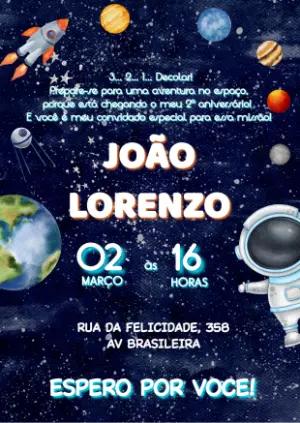 Convite de Aniversário Espaço com Astronauta para Editar Online