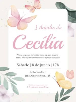Convite Aniversário Borboleta Aquarela para Editar Online