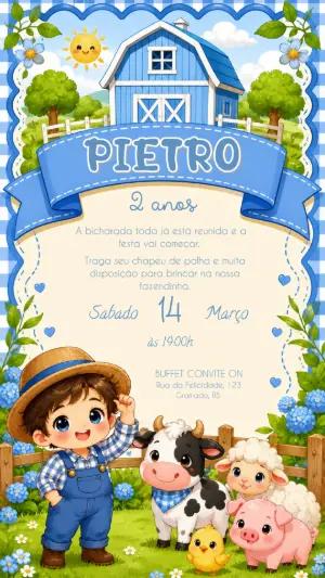 Convite de Aniversário Fazendinha Azul Editável para Menino