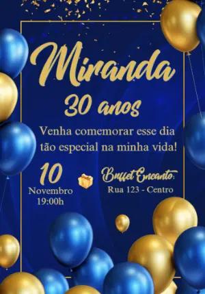 Convite de Aniversário Elegante Azul e Dourado para Editar