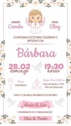 Convite de Batizado Menina Anjinha Floral Rosa Editável
