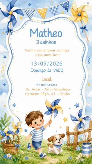 Convite de Aniversário Catavento Aquarela para Menino Editável