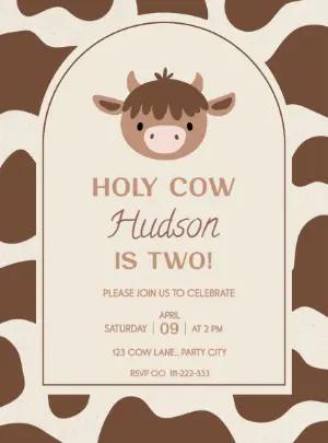 Holy Cow Birthday Invitation, Cute Farm Animal Theme, Editable Template