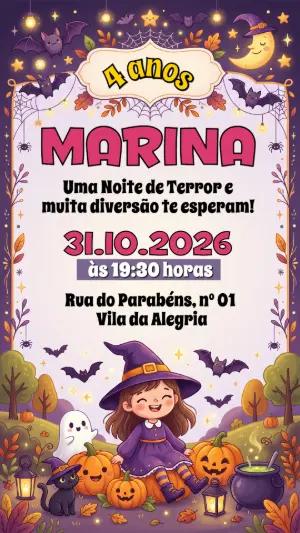 Convite de Aniversário Halloween Menina Bruxinha Editável