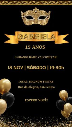 Convite 15 Anos Baile de Máscaras Preto e Dourado Editável