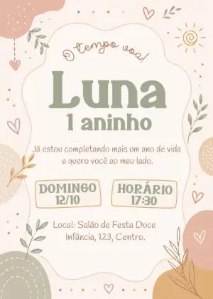 Convite Aniversário 1 Aninho Menina Boho Editável