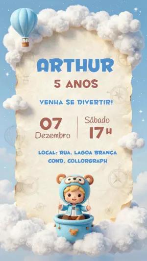Convite de Aniversário Ursinho no Balão Azul Editável