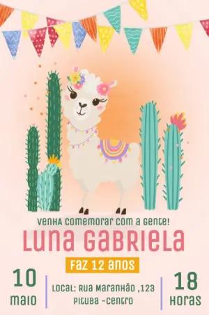 Convite de Aniversário Lhama e Cactos para Editar Online