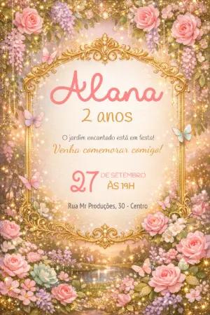 Convite de Aniversário Jardim Encantado Dourado para Editar