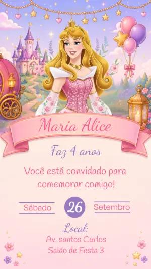 Convite de Aniversário Princesa Aurora | Modelo Digital Editável