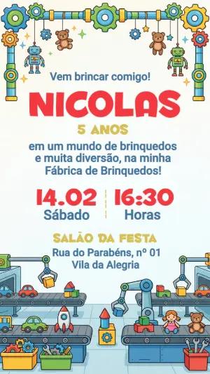 Convite Infantil Fábrica de Brinquedos Colorido para Editar