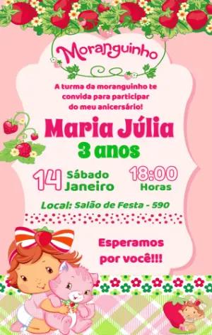 Convite de Aniversário Moranguinho Rosa e Verde para Editar