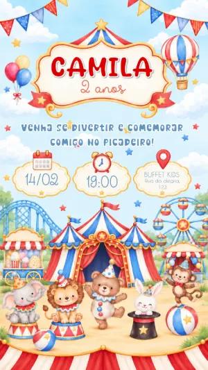 Convite de Aniversário Circo Infantil Aquarela para Editar