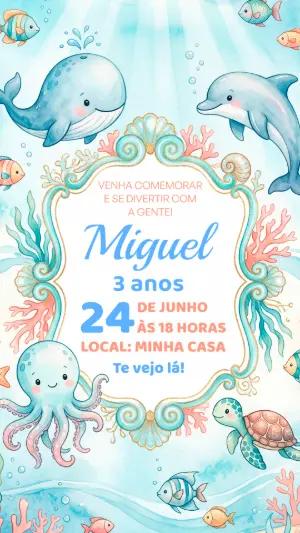 Convite de Aniversário Fundo do Mar Aquarela Editável